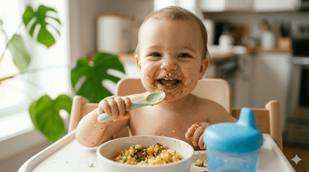 A close-up of a bowl with mashed banana, showing the importance of texture for a 7-month-old baby.