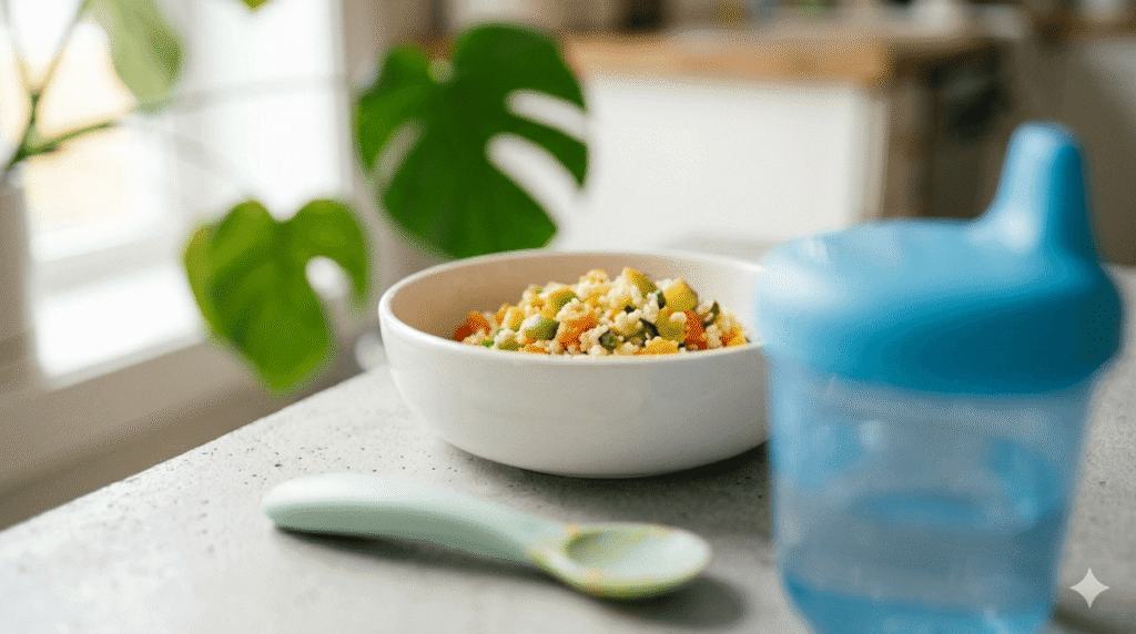 A sample daily feeding schedule for a 7-month-old baby showing breast milk feeds, solids meals, and nap times.