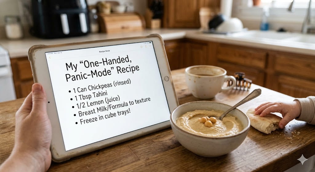 A tablet screen displaying 'My One-Handed, Panic-Mode Recipe' with handwritten text, resting on a messy kitchen counter with homemade baby hummus, a practical baby safe hummus recipe for busy moms