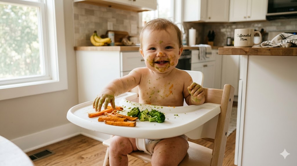 A 6-month-old baby starting first foods for baby using the baby-led weaning method with soft roasted sweet potatoes and avocado.