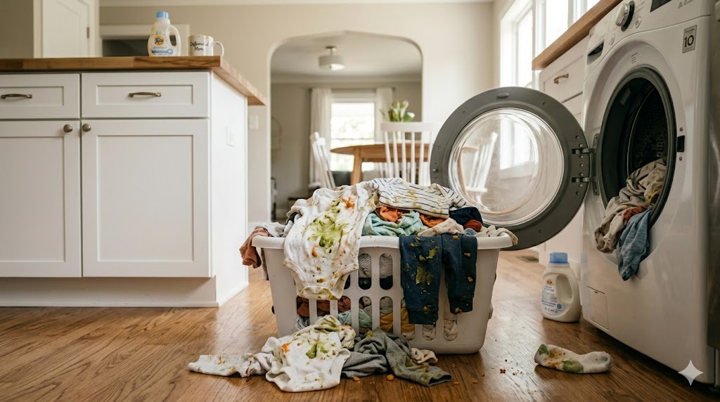 Laundry basket overflowing with baby clothes stained by avocado and sweet potato after starting solids