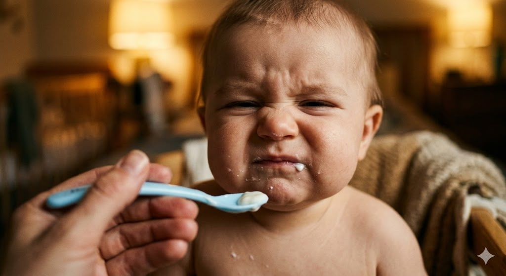 Close-up of a 5-month-old baby making a "yogurt face" of betrayal. A raw moment of introducing yogurt to baby where the baby won’t eat yogurt, shuddering in disgust. The photo captures the struggle of finding healthy fats for babies when traditional options fail.
