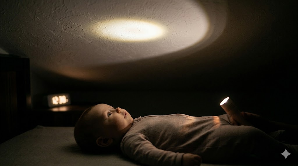 A 5 month old baby girl lying on her back in a dark room, intently tracking a moving beam of warm light from a flashlight projected onto the textured ceiling during a 2 AM crisis. Natural grain, soft light, and wide eyes convey focused curiosity