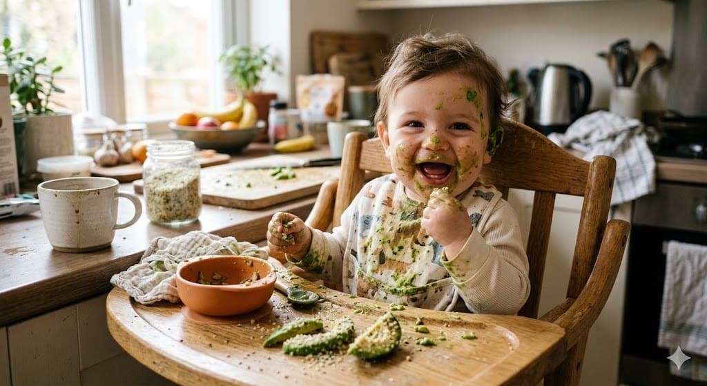 A messy baby eating avocado for baby led weaning with green puree on face and ears