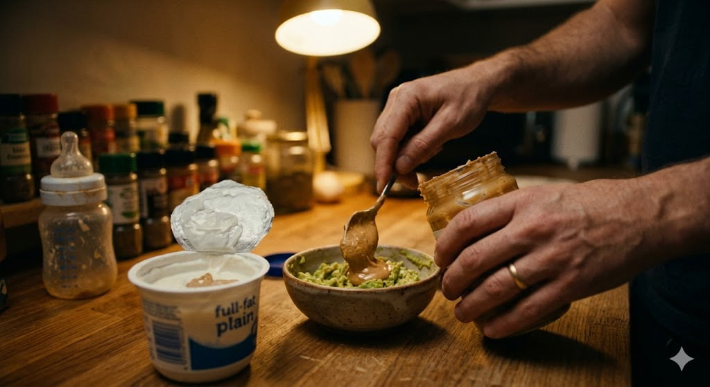 A close-up photograph capturing a mom's hands stealthily mixing creamy peanut butter into a bowl of mashed avocado and tahini on a wooden counter at 1:00 AM, implementing a "sneaky fat" mom hack to add high calorie foods for baby weight gain for a baby who won't eat yogurt.