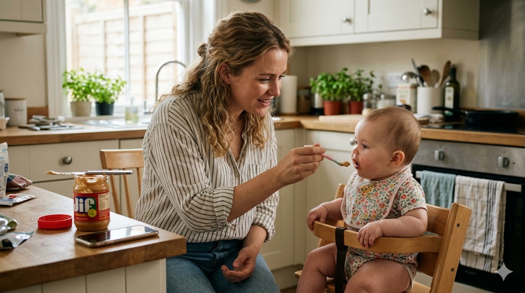 A nervous mother introducing allergens to baby for the first time by offering a small spoonful of thinned peanut butter in a kitchen setting