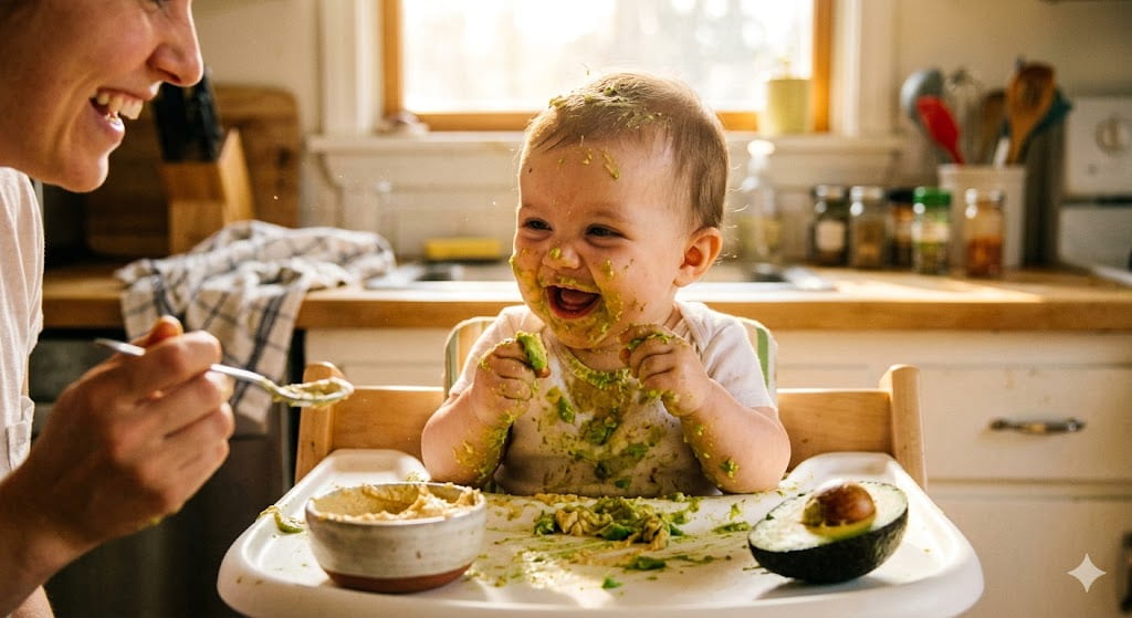 A messy 5-month-old baby girl, covered in avocado and hummus, laughing joyfully in her high chair while clutching a piece of avocado. A successful moment of finding high calorie foods for baby weight gain and alternative healthy fats for babies after a rejection when introducing yogurt to baby.