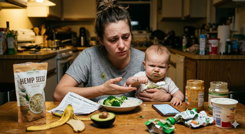 Exhausted mom on low-fat diet holding 5-month-old rejecting Greek yogurt spoon, 3 AM kitchen chaos. Includes healthy fats search on phone.