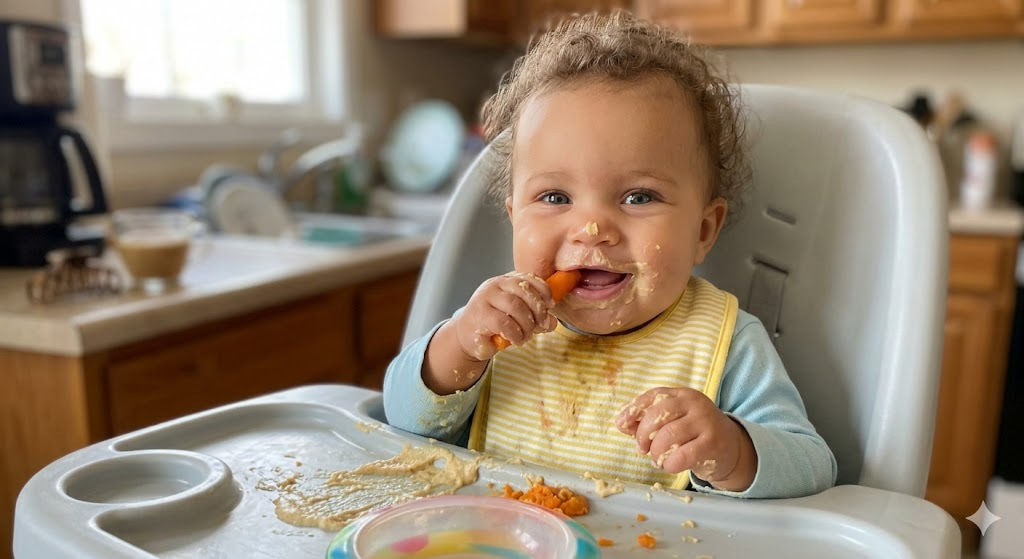 A happy 6-month-old baby enjoying a healthy meal of hummus in a high chair, showing why hummus for 6 month old babies is safe and nutritious despite the mess