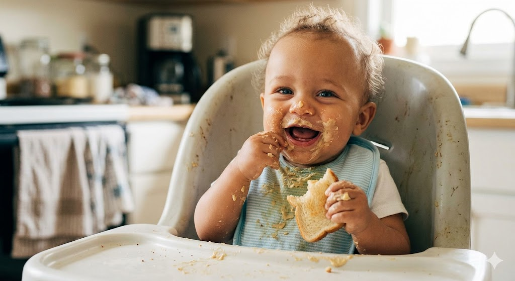 A happy 8-month-old baby with hummus on his face sitting in a high chair, can babies eat hummus safety guide