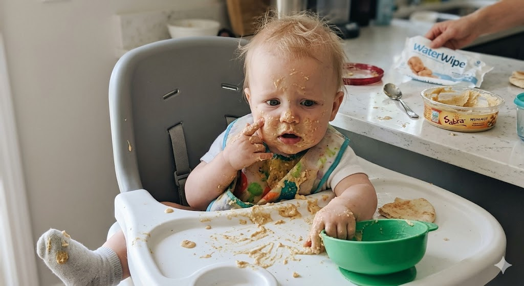 A humorous, messy close-up of an 8-month-old baby in a high chair, covered completely in beige hummus, capturing a relatable parenting 'first food disaster' moment, safe for can babies eat hummus safety guide.