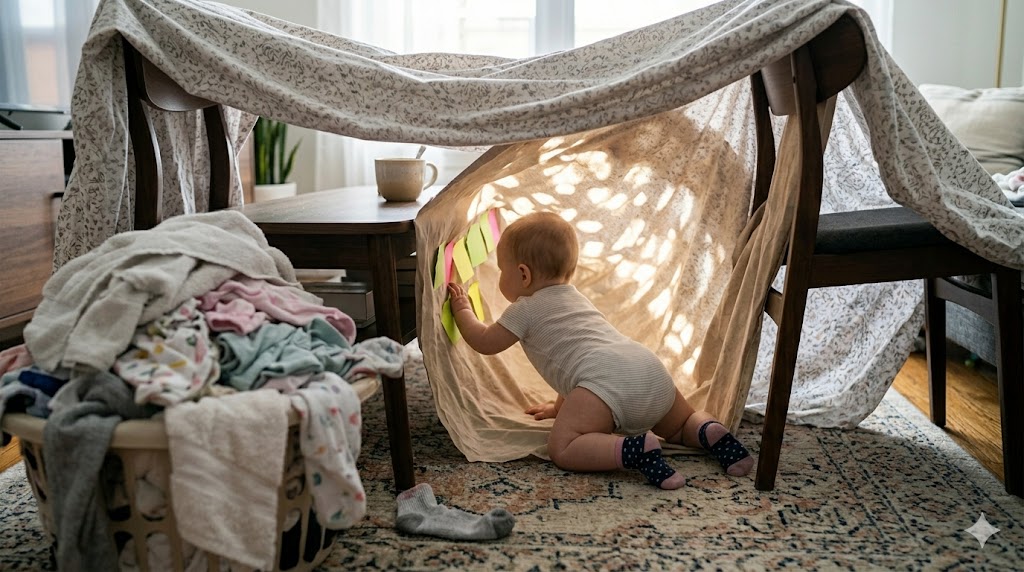 A candid photograph capturing a 5 month old baby wiggling through a homemade 'laundry tunnel' created by draping a sheet over two chairs. The background, including a messy laundry pile and a rug, maintains the real-life atmosphere established in previous images. Natural daylight illuminates the distinct textures. Raw, honest, and chaotic.
