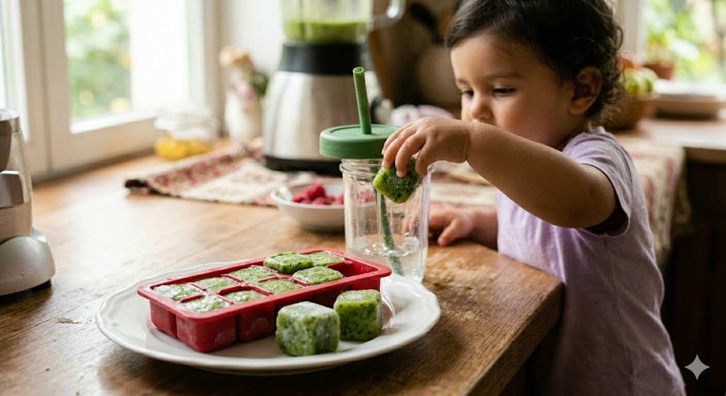 Toddler putting frozen green smoothie cubes into a straw cup on a kitchen counter