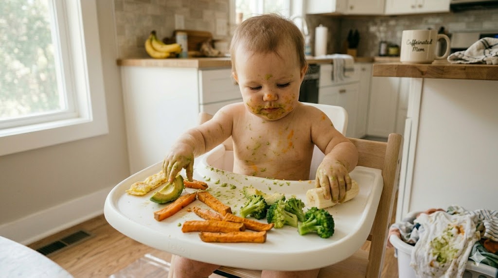 A close-up of a messy high chair tray with leftover pieces of avocado, sweet potato, broccoli, banana, and egg for a 6-month-old baby