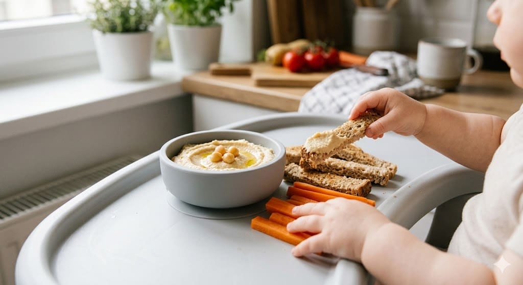 Close-up of baby-led weaning (BLW) serving ideas with hummus-covered toast and vegetable dippers, showing the art of the serve in a can babies eat hummus safety guide