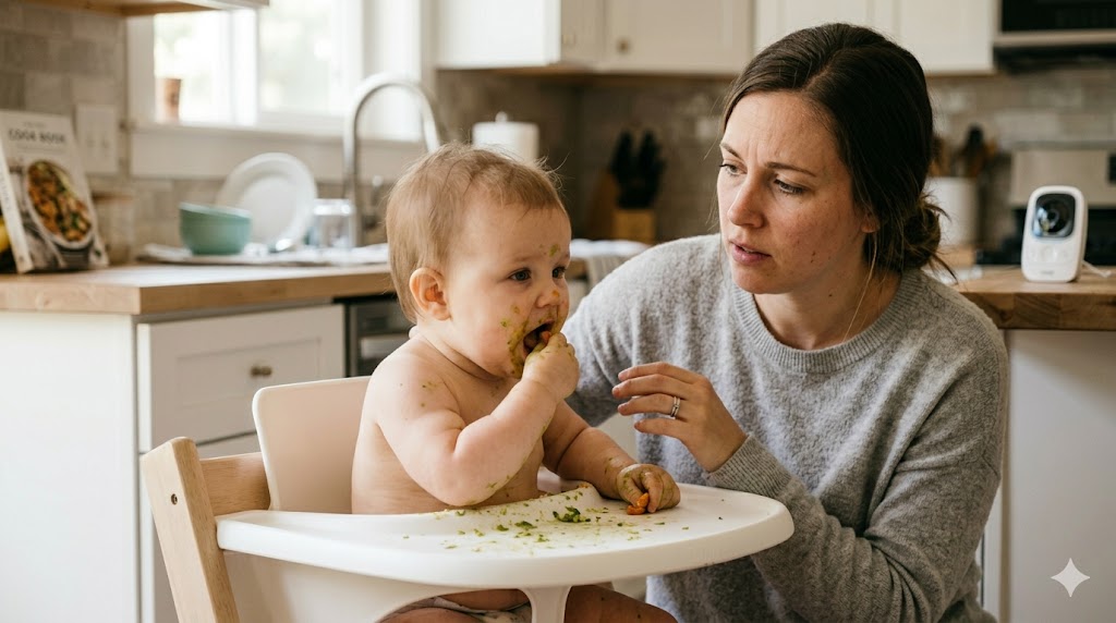 Mother watching her 6-month-old baby gagging safely while eating first foods to prevent choking.