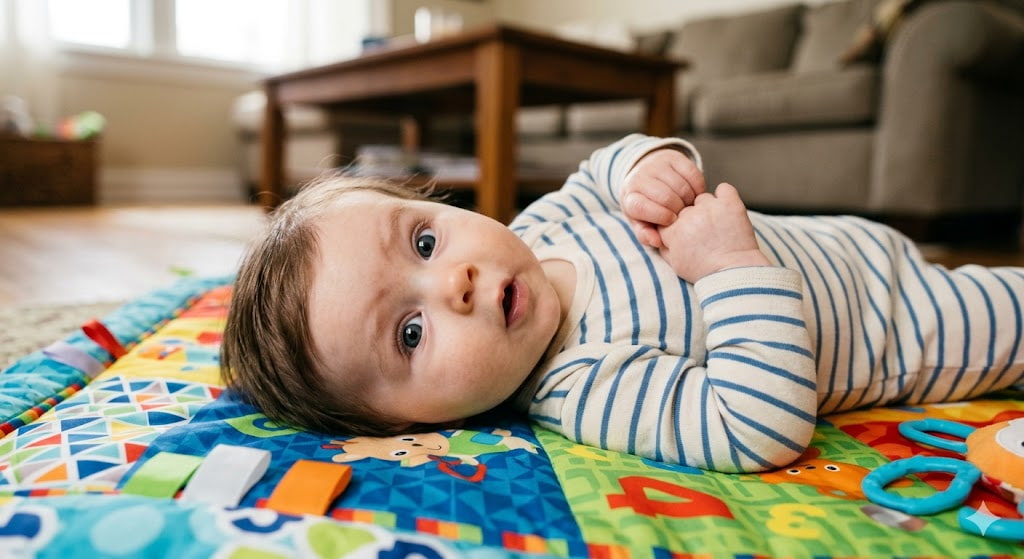 A baby laying on their back looking slightly surprised, addressing gas and digestive questions in the can babies eat hummus safety and nutrition guide