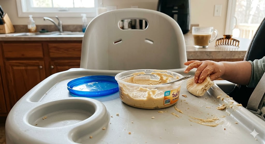 A messy close-up of a baby's hand reaching towards an open tub of store-bought hummus on a high chair tray, highlighting the potential salt trap and safety concerns for can babies eat hummus safety guide