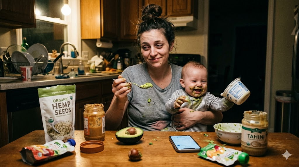 Exhausted first-time mom navigating **healthy fats for babies** in a messy 2 AM kitchen. A laughing 5-month-old is **introducing yogurt to baby** by rejecting it, while the mom tries **high calorie foods for baby weight gain** like avocado. A raw look at what happens when a baby won’t eat yogurt.
