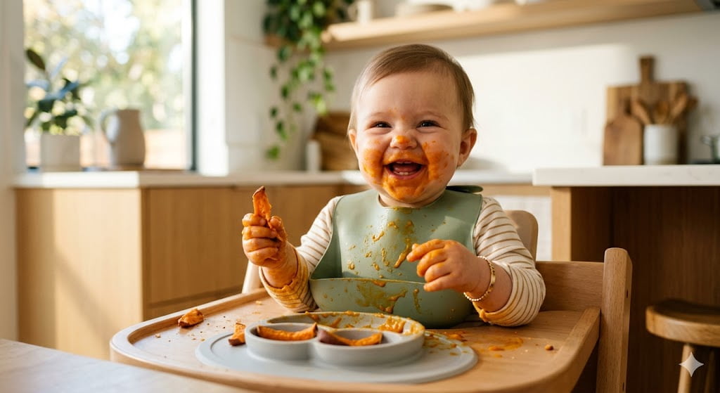A realistic, high-quality lifestyle photo of a 6-month-old baby sitting in a high chair, covered in orange sweet potato puree on their face and hands. In front of them on the tray are soft-roasted sweet potato wedges (pinky-finger size). The background is a bright, minimalist Scandinavian-style kitchen with natural sunlight. Soft bokeh effect. Cinematic lighting, authentic parenting moment, messy but beautiful