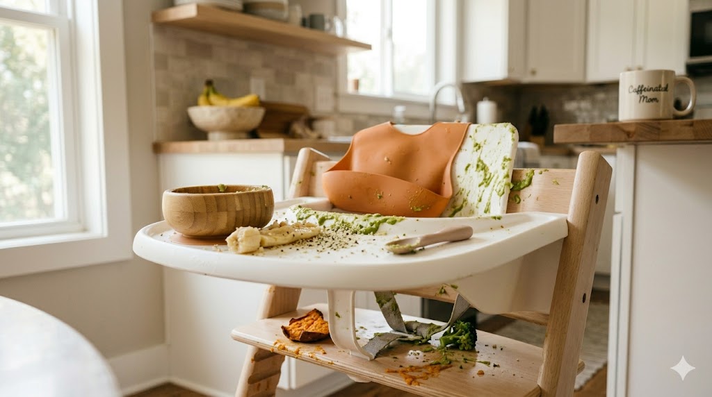 Messy aesthetic wooden high chair covered in avocado and sweet potato after a baby-led weaning meal