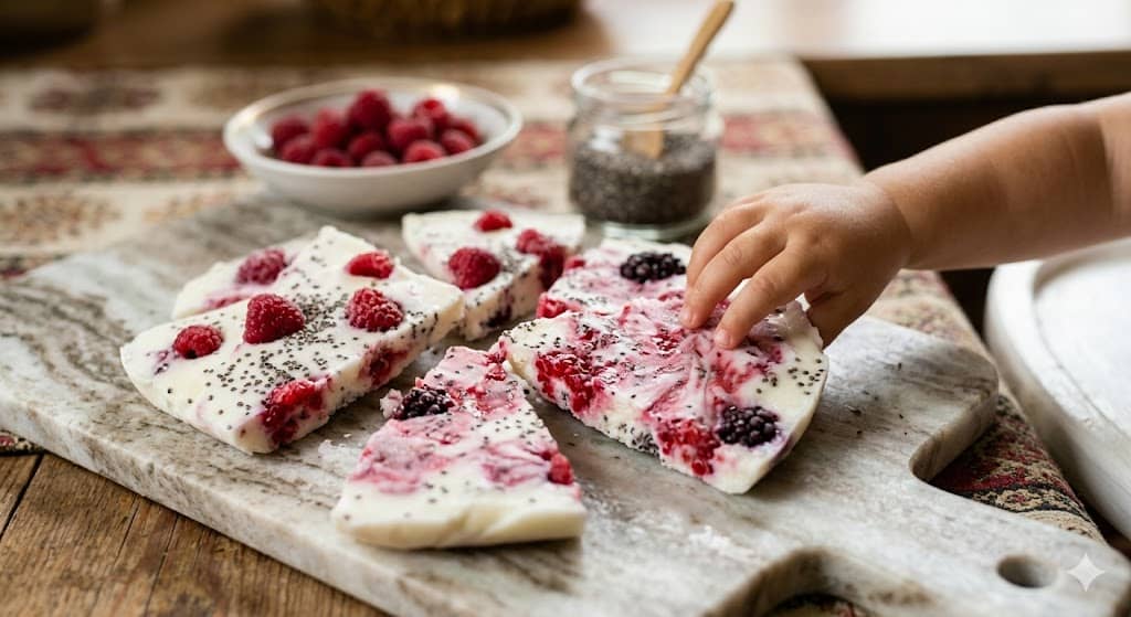 Close-up shot of vibrant pink Berry and Chia Seed Yogurt Bark broken into shards on a marble surface. Visible textures of smashed raspberries and tiny black chia seeds embedded in creamy white yogurt, with a toddler's hand reaching for a piece