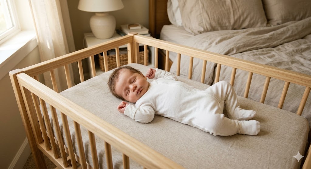 Safe sleep environment for newborns at home showing a baby sleeping on back in a bare crib