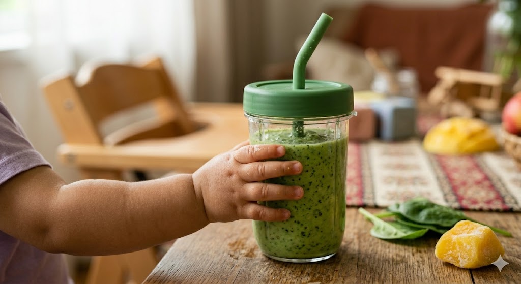 A candid close-up photograph capturing a toddler's small, plump hand holding a clear, durable smoothie cup filled with a vibrant, creamy green 'Monster' smoothie. Tiny dark flecks of spinach and hemp seeds are visible suspended in the icy, slightly textured mixture, under soft window light, suggesting an authentic summer afternoon.