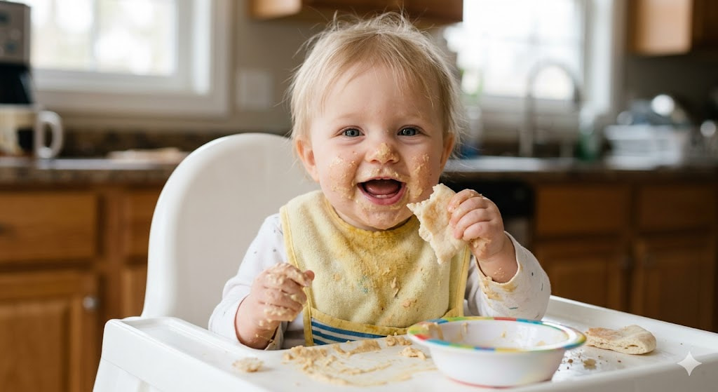A joyful 8-month-old baby with a messy, hummus-covered face sitting in a high chair in a kitchen environment, an authentic and relatable moment for can babies eat hummus safety guide.