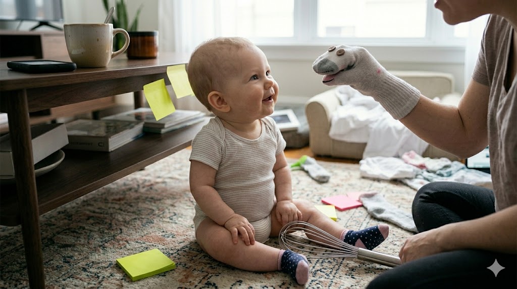  A 5 month old baby looking at a simple sock puppet on a hand, engaging in language and sensory play in a messy living room