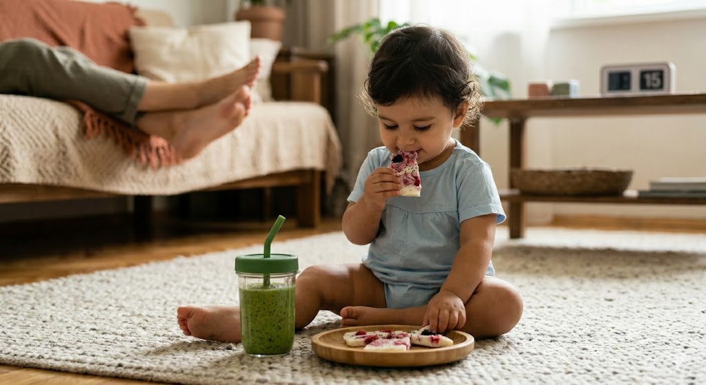 A candid child eye-level photograph shows a toddler, consistent with image_0.png, image_6.png, image_8.png, and image_10.png, sitting peacefully on a textured living room rug and independently grazing on a piece of the raspberry-and-chia yogurt bark from image_8.png. The scene conveys a moment of calm and quiet success as the child eats without drama, while the parents rest comfortably in the background, out of focus, illustrating the "15-Minute Rule" concept