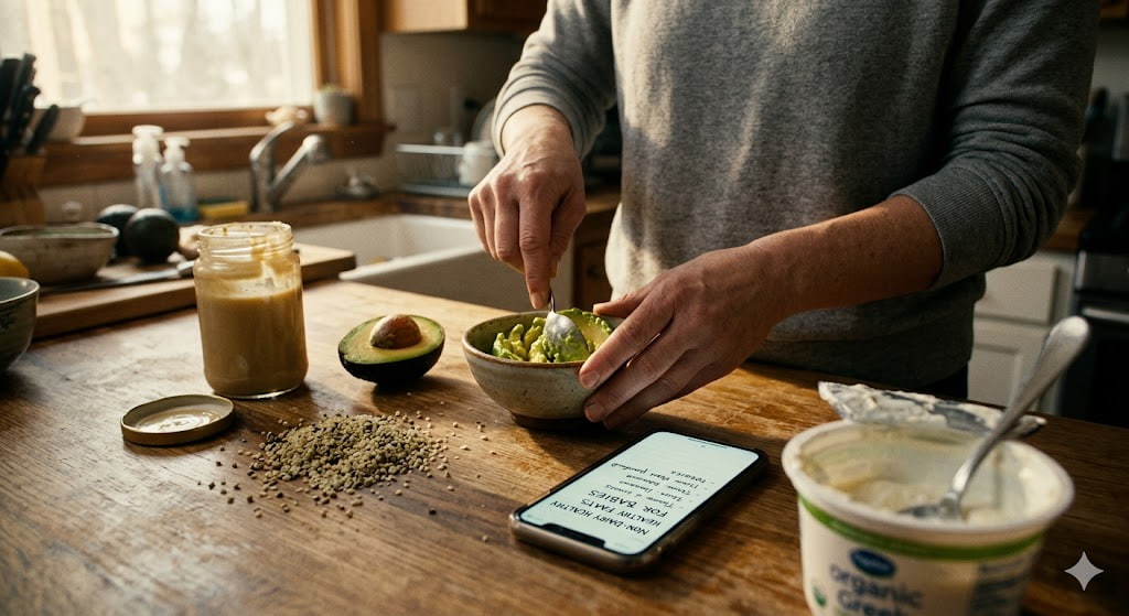 Close-up of mother's hands mashing avocado in a bowl next to tahini and hemp seeds on a wooden counter. An opened Greek yogurt container is pushed to the side. A phone displays a list of healthy fats for babies.