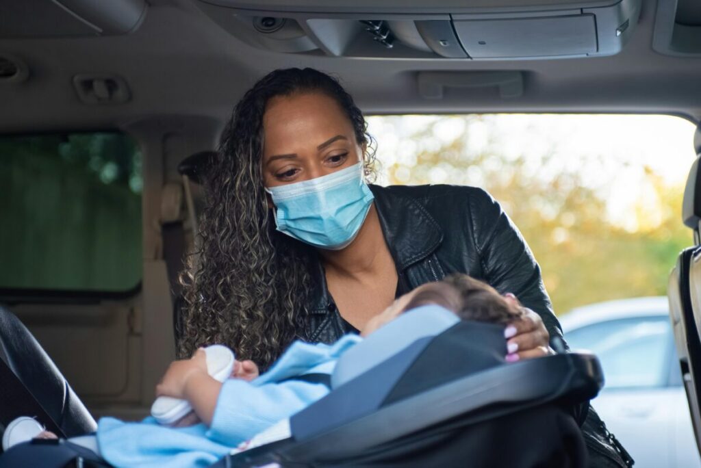 An installed infant car seat, a crucial part of any realistic hospital bag checklist.
