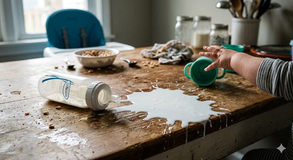 An abandoned baby bottle next to a milk spill on a kitchen table, capturing the chaos of transitioning toddler to open cup during a messy mealtime
