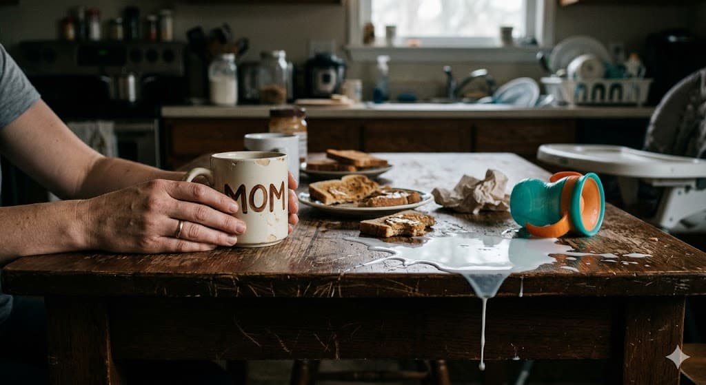 An exhausted mother's POV of a messy kitchen table with spilled milk from a training cup, representing the daily struggles of transitioning toddler to open cup