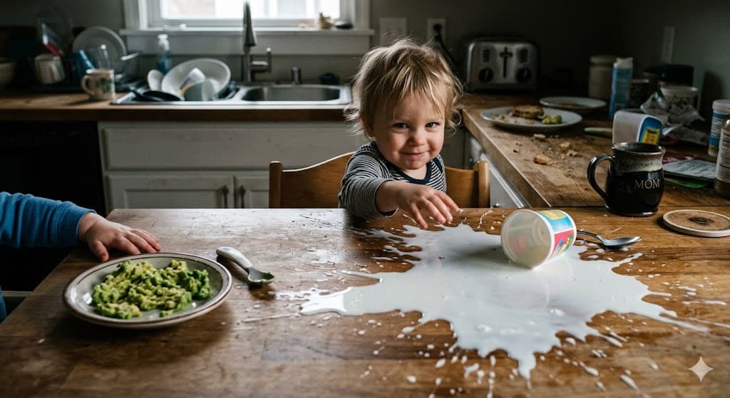 A messy kitchen table with mashed avocado and a large milk spill, humorously depicting the "villain origin story" of transitioning toddler to open cup