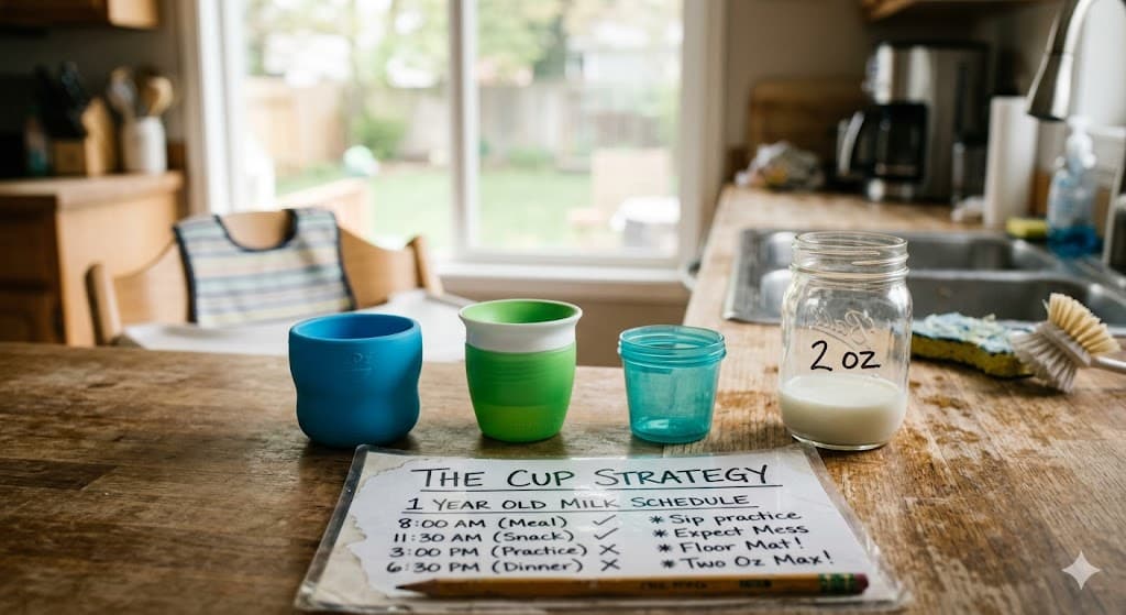 A line-up of different toddler training cups and a small milk jar on a kitchen counter, illustrating the planned strategy for transitioning toddler to open cup