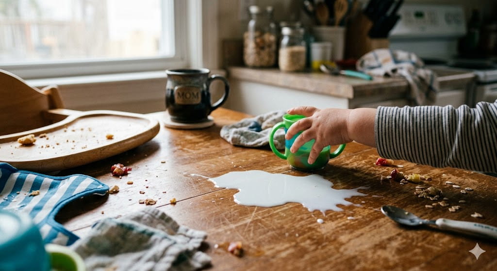 A messy kitchen table with a puddle of spilled milk and a toddler’s hand reaching for a small open cup, illustrating the process of transitioning toddler to open cup