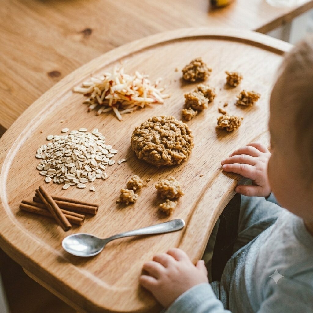 A messy breakfast table scene during my personal baby led weaning journey, highlighting the reality of feeding a baby