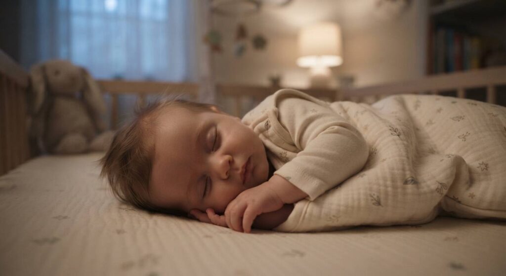 Close-up of a baby sleeping peacefully in a swaddle or sleepsack