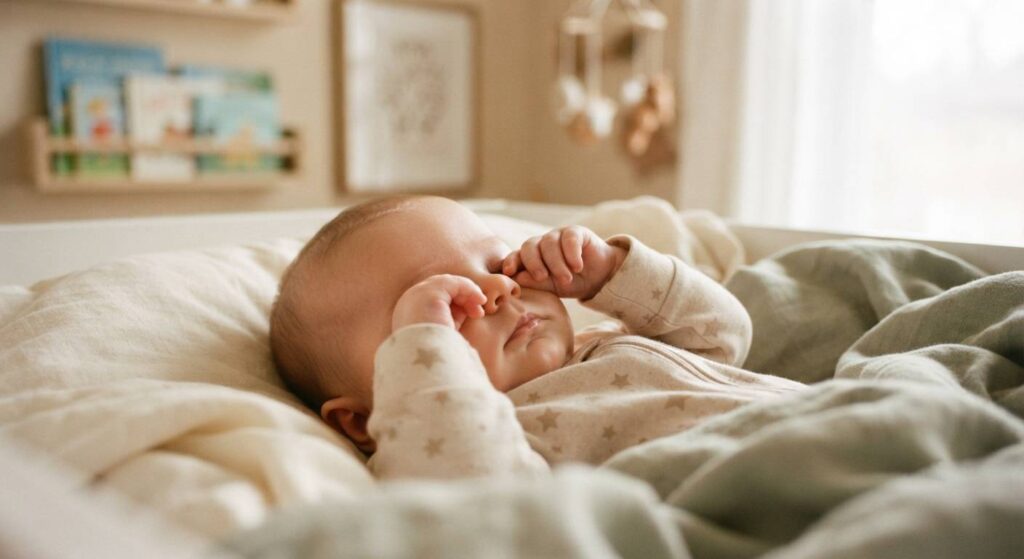 Close-up of a tired 4-month-old baby rubbing eyes as a clear sign of sleepiness