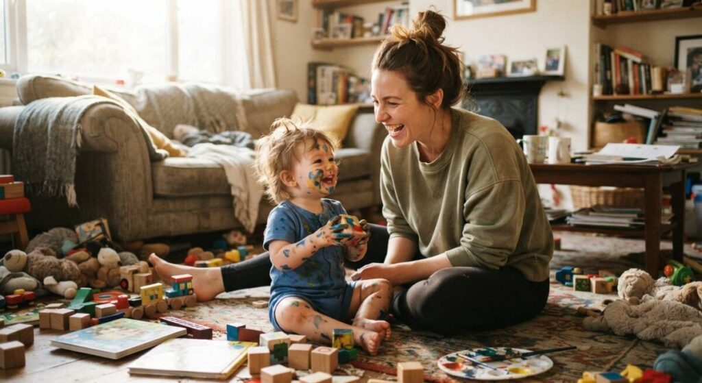 A happy mother laughing with her child in a messy playroom, letting go of the need for a perfect 'Good Mom' soundtrack.
