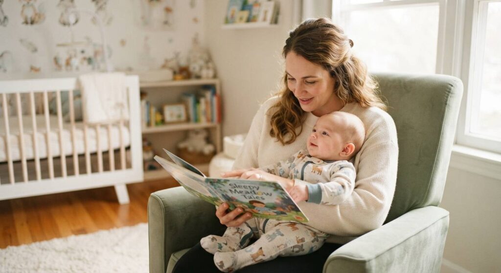 Mother gently rocking her baby in a nursery chair during the day