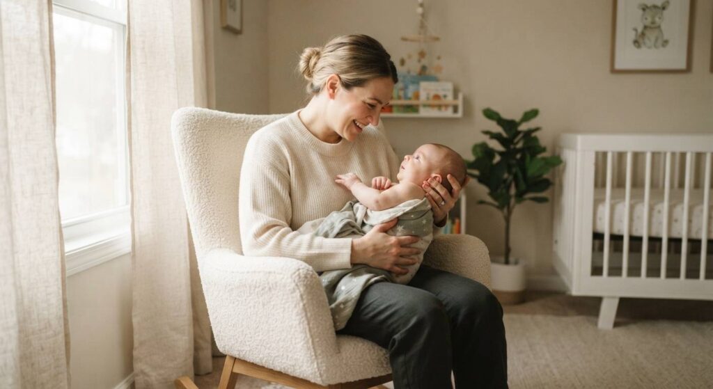 Mother reading a book to her baby in a cozy nursery as part of a gentle sleep routine