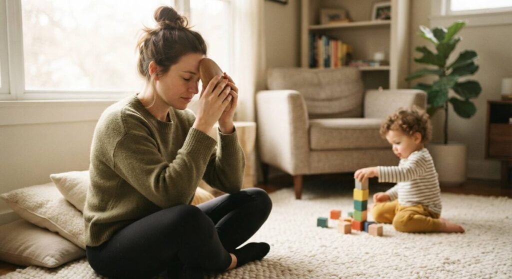 A mother takes a brief, mindful pause for self-care in a quiet corner, holding a sensory object, while her toddler plays supervised nearby.