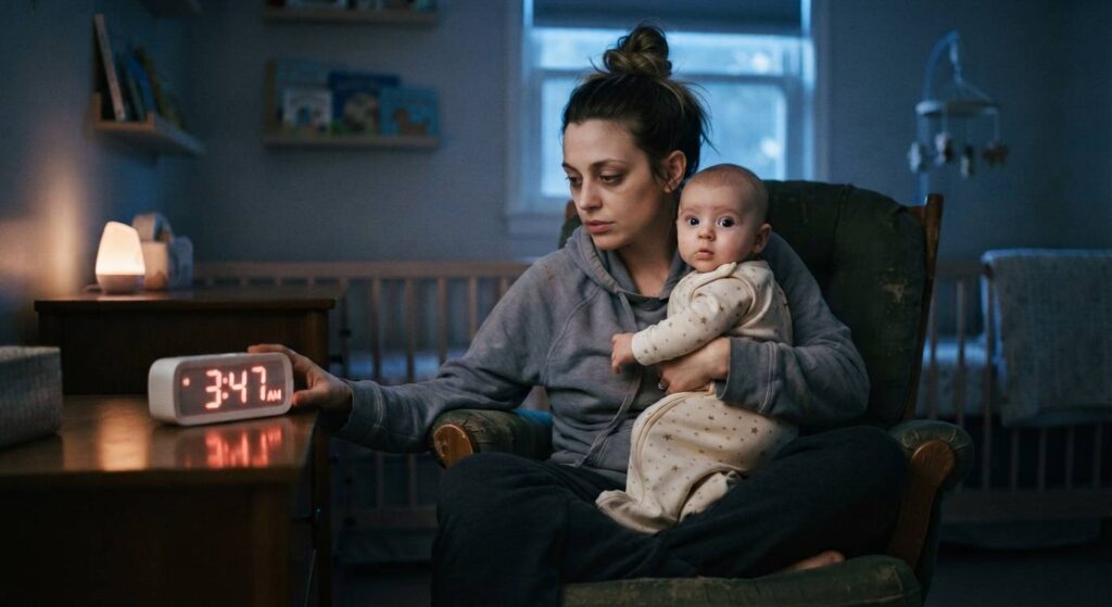 Exhausted parent looking at a clock at night while holding a restless 4-month-old baby
