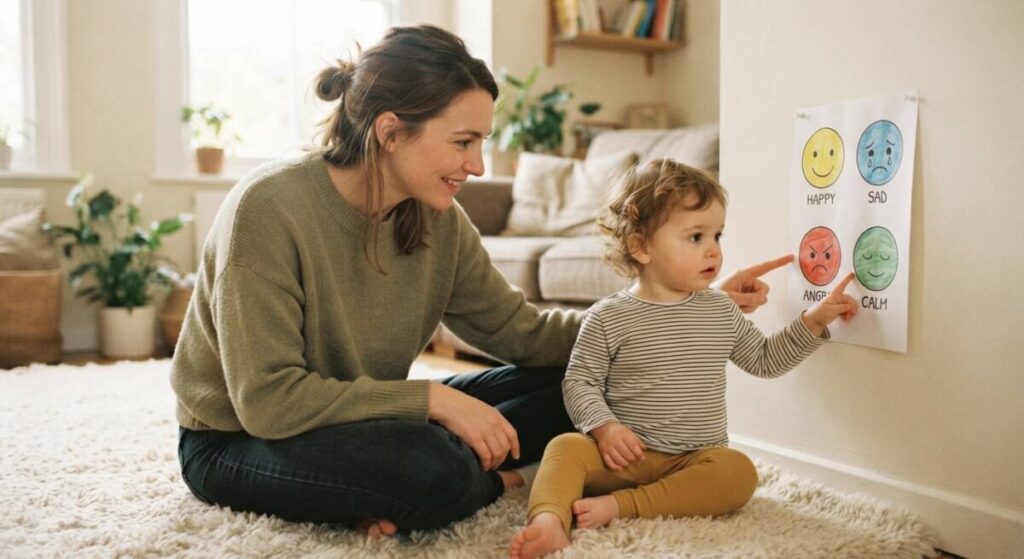 A calm mother sitting with her toddler, speaking quietly and using a feelings chart as part of the 'Name It Out Loud' coping strategy for overstimulated moms.