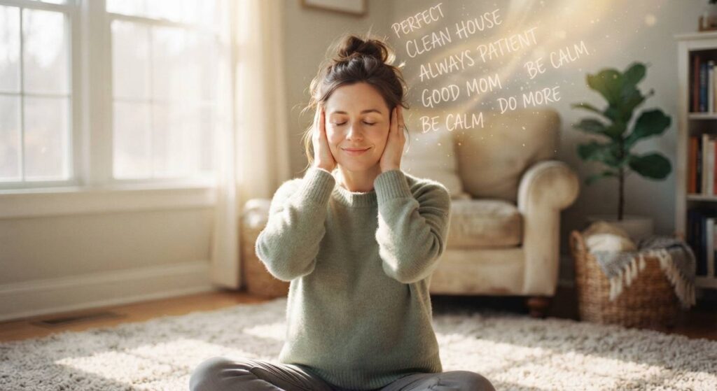 A mother symbolically covering her ears to block out the 'Good Mom' soundtrack, finding peace amidst mental clutter.