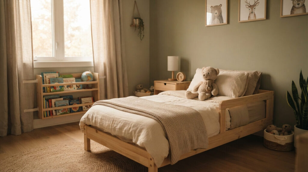 Cozy low-floor toddler bed in a safe, modern nursery room designed for a smooth toddler bed transition.