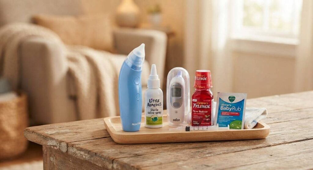 A organized 'sick kit' for toddlers on a wooden table, featuring a nasal aspirator, saline drops, a thermometer, and children's medicine, ready for cold and flu season.